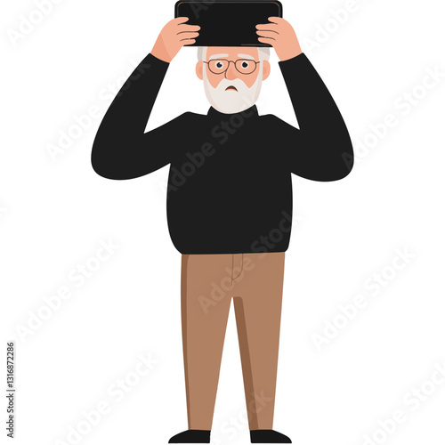 
happy old man , Trying Technology: Holding a smartphone or tablet upside down