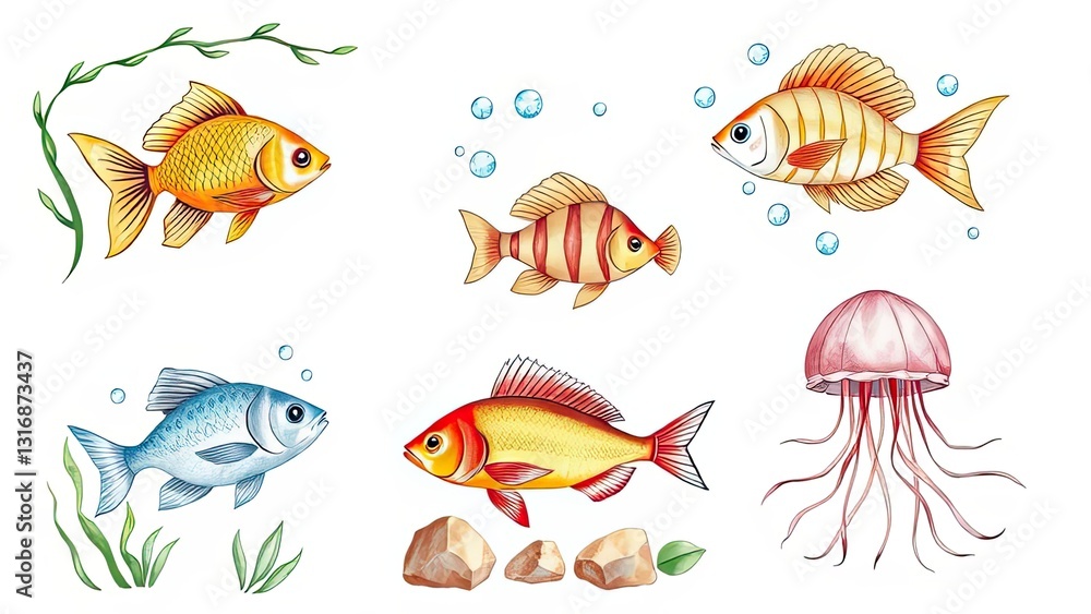 Fototapeta premium Colorful Fish Jellyfish Underwater Scene Aquatic Life Illustration