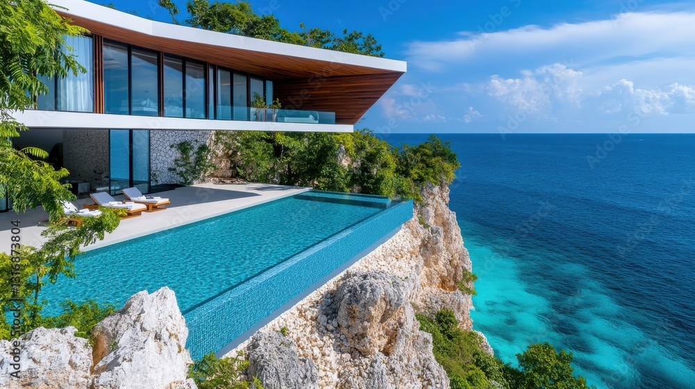 Fototapeta premium Modern Oceanfront Villa with Infinity Pool Surrounded by Lush Tropical Landscape and Scenic Blue Waters