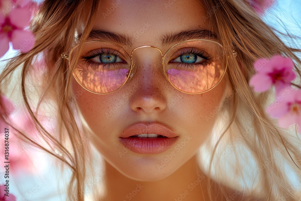 Fototapeta premium Commercial visual idea. Attractive caucasian young woman surrounded by cherry blossoms. Spring mood, golden hour in sunset. Bright woman in spring flowers for marketing.