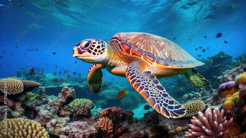 Fototapeta premium coral green sea turtle underwater