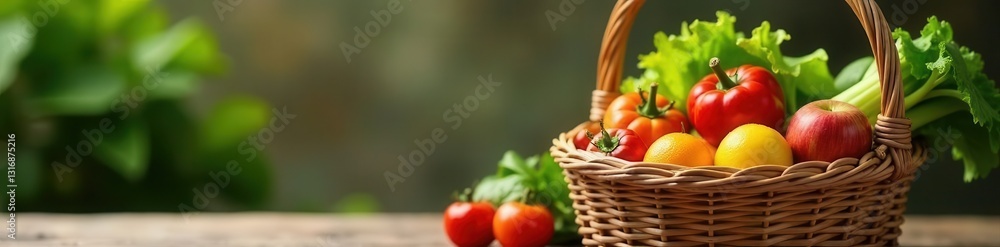 Full wicker basket brimming with a variety of fresh produce , background, element, summer Full wicker basket brimming with a variety of fresh produce , background, element, summer