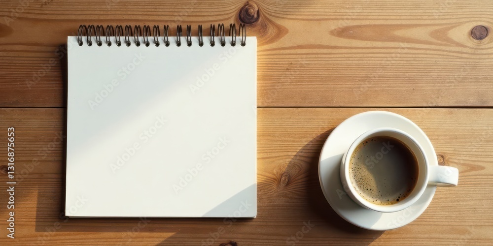 A blank spiral notepad rests beside a cup of coffee on a wooden surface, bathed in warm sunlight, ready for your ideas and inspiration. A blank spiral notepad rests beside a cup of coffee on a wooden surface, bathed in warm sunlight, ready for your ideas and inspiration.