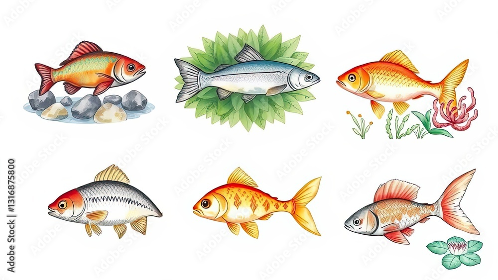 Fototapeta premium Colorful Fish Illustrations Aquatic Life Koi Goldfish Pond River Ocean Wildlife Nature Animals Art