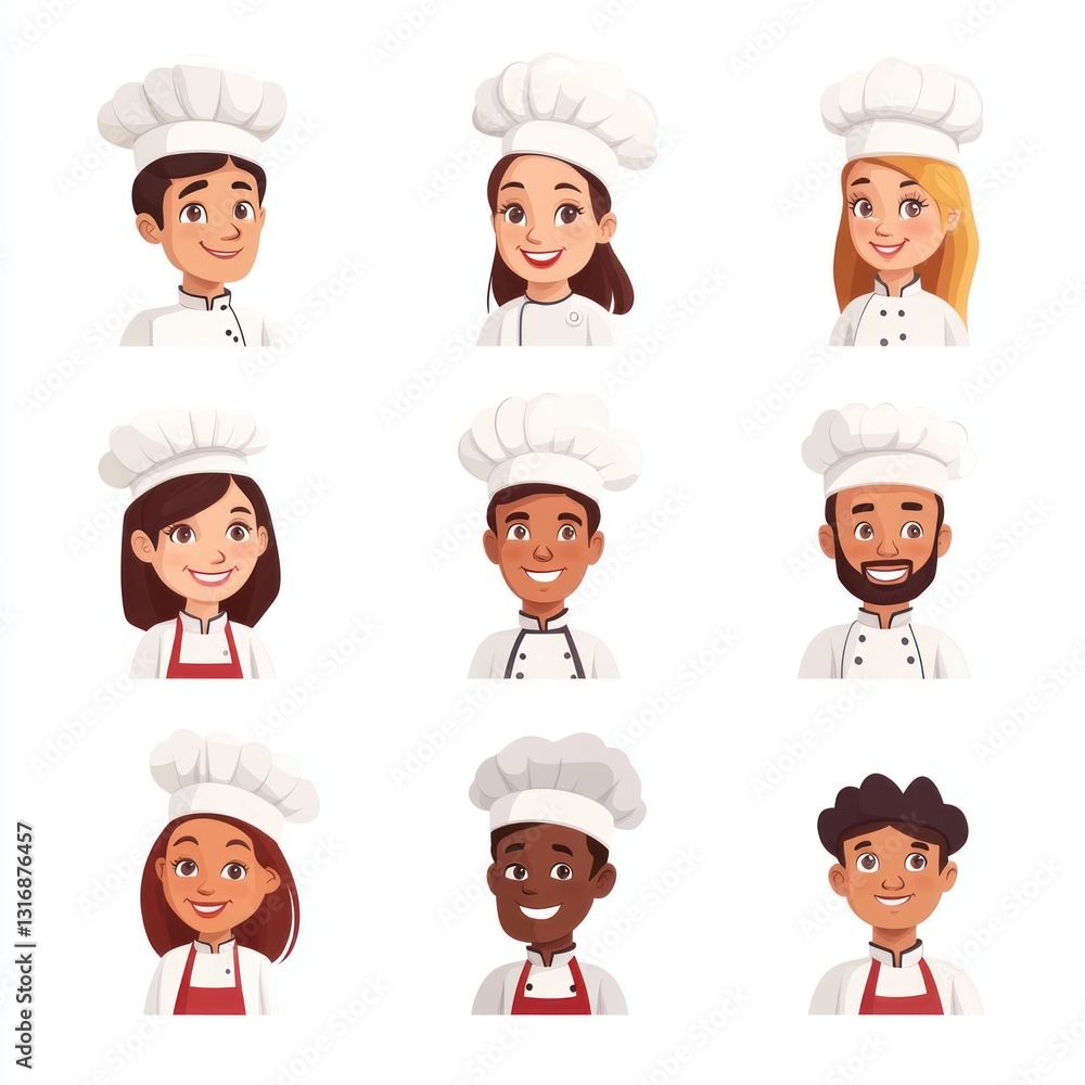 Smiling People Closeup Portrait Set Cute Cartoon cooks Male and Female Avatars Multi-ethnic Man and Woman Faces Isolated on White Background Smiling People Closeup Portrait Set Cute Cartoon cooks Male and Female Avatars Multi-ethnic Man and Woman Faces Isolated on White Background