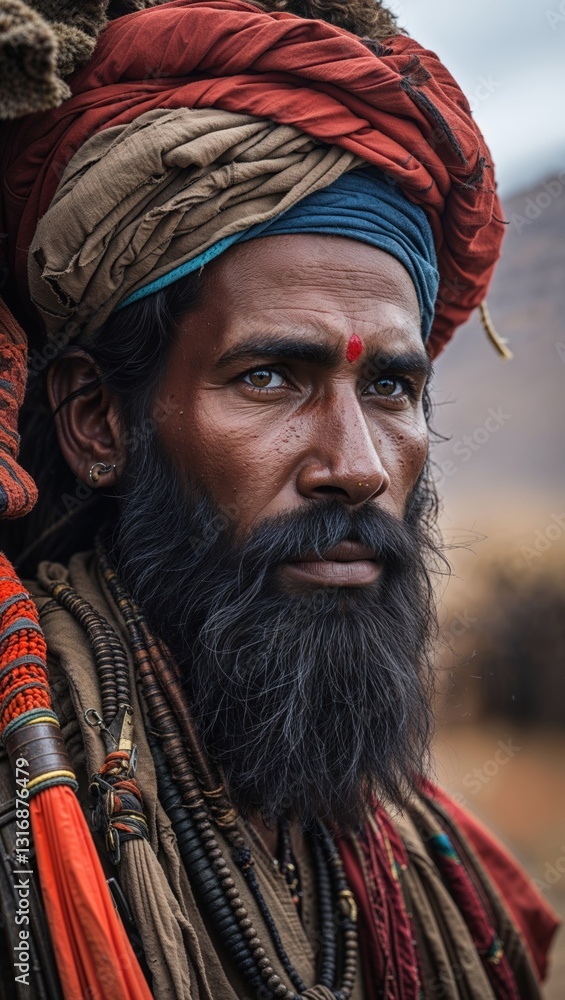 Obraz premium A portrait of a man with traditional attire and accessories, showcasing cultural heritage.