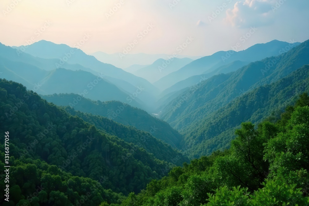 Misty mountain layers, lush green forests, Mae Hong Son, Thailand panorama , background, slopes, cloudy Misty mountain layers, lush green forests, Mae Hong Son, Thailand panorama , background, slopes, cloudy
