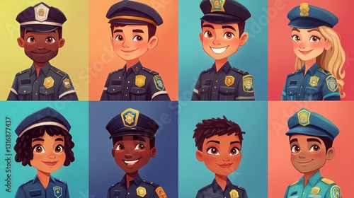 Smiling People Closeup Portrait Set Cute Cartoon police Male and Female Avatars Multi-ethnic Man and Woman Faces Isolated on White Background
