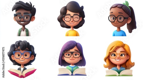 Smiling People Closeup Portrait Set Cute Cartoon teacher Male and Female Avatars Multi-ethnic Man and Woman Faces Isolated on White Background