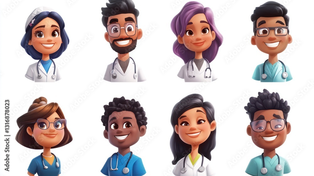 Smiling People Closeup Portrait Set Cute Cartoon medical Male and Female Avatars Multi-ethnic Man and Woman Faces Isolated on White Background Smiling People Closeup Portrait Set Cute Cartoon medical Male and Female Avatars Multi-ethnic Man and Woman Faces Isolated on White Background