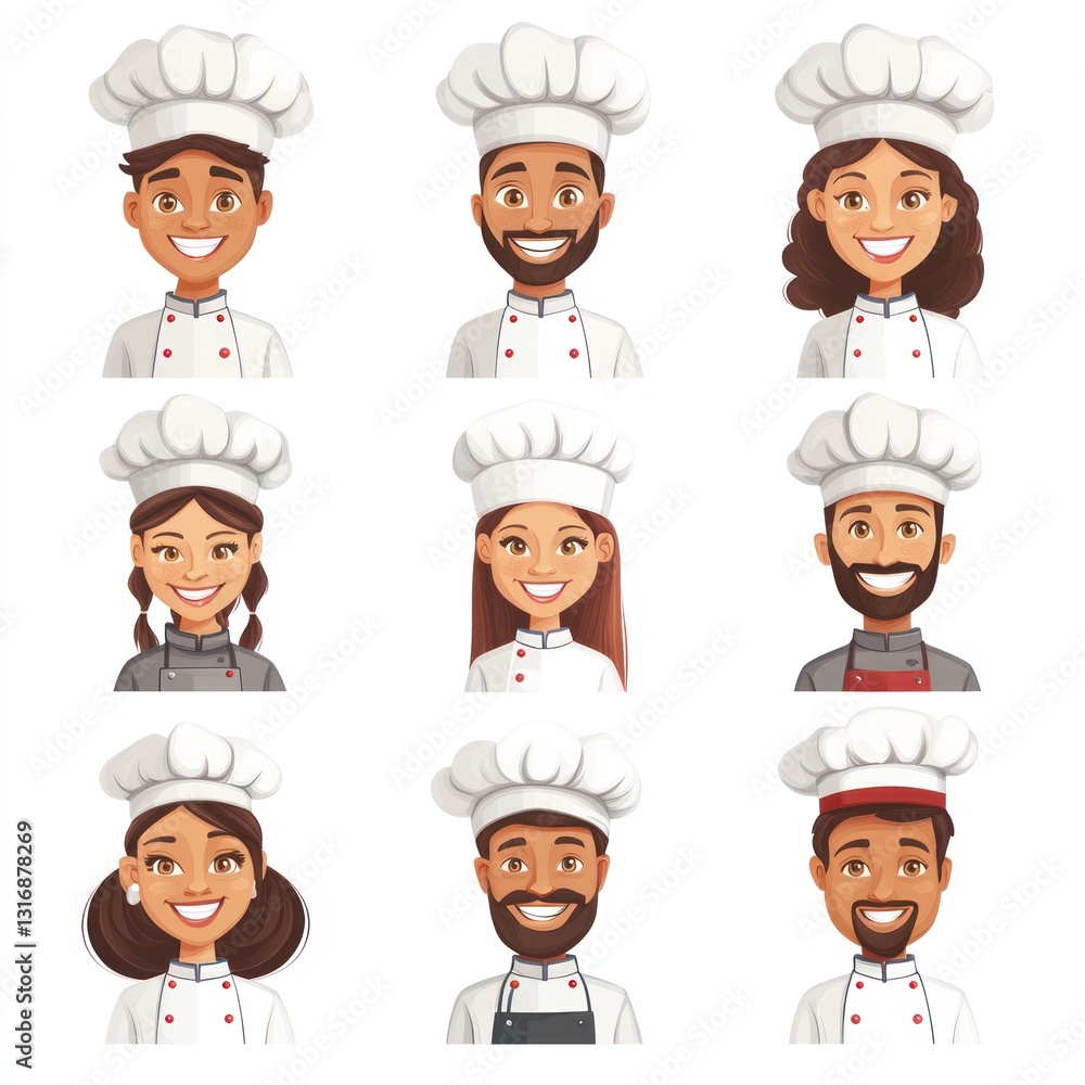 Smiling People Closeup Portrait Set Cute Cartoon cooks Male and Female Avatars Multi-ethnic Man and Woman Faces Isolated on White Background Smiling People Closeup Portrait Set Cute Cartoon cooks Male and Female Avatars Multi-ethnic Man and Woman Faces Isolated on White Background