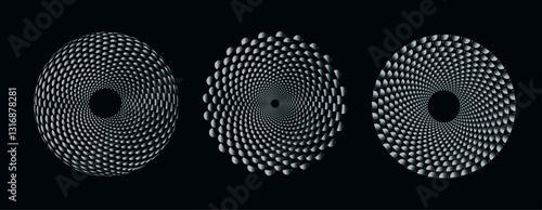 Abstract circular pattern with 3d spheres on black background, vortex spirals hypnotic geometry gradient.