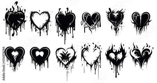 Graffiti rock flame shape kit, gothic heart tattoo vector, dripping heart tattoo prints, Valentine punk retro sticker collection, neotribal web goth decoration, love logo concept