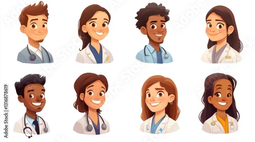 Smiling People Closeup Portrait Set Cute Cartoon medical Male and Female Avatars Multi-ethnic Man and Woman Faces Isolated on White Background
