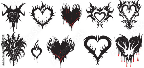 Gothic rock flame shape kit, neo tribal Heart tattoo vector, abstract love logo concept, Valentine punk retro stickers, stylised heart tattoo prints, goth neotribal web decoration
