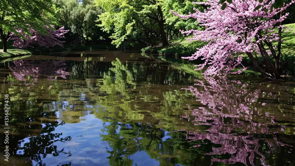 Pink flowers of an Eastern Redbud tree mirrored in the calm pond water, gently rippled by a soft breeze on a sunny spring day Pink flowers of an Eastern Redbud tree mirrored in the calm pond water, gently rippled by a soft breeze on a sunny spring day