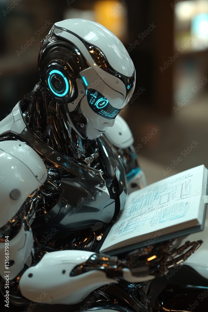 Fototapeta premium Robot reading a book in a modern library setting