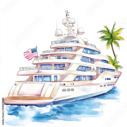 Wallpaper Mural A luxurious yacht illustrated with vibrant colors, adorned with palm trees and the American flag, resting on blue waters, symbolizing leisure and elegance. Torontodigital.ca
