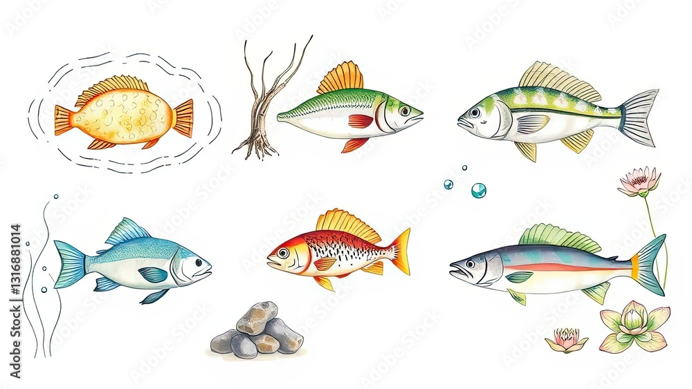 Naklejka premium Colorful Fish Illustrations Aquatic Life Underwater Scene Nature Art