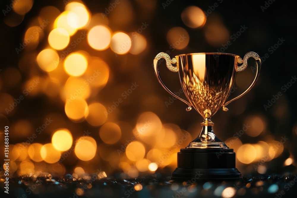 A gleaming golden trophy sits elegantly on a dark surface, illuminated by soft, shimmering bokeh lights in the background A gleaming golden trophy sits elegantly on a dark surface, illuminated by soft, shimmering bokeh lights in the background