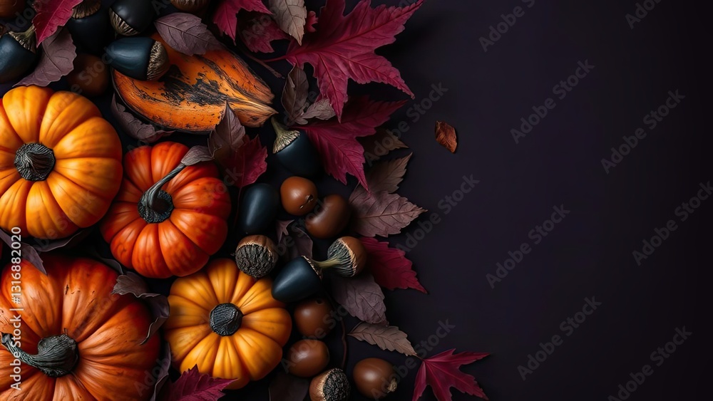 Autumn Harvest Pumpkins Acorns Fall Leaves on Dark Background Autumn Harvest Pumpkins Acorns Fall Leaves on Dark Background