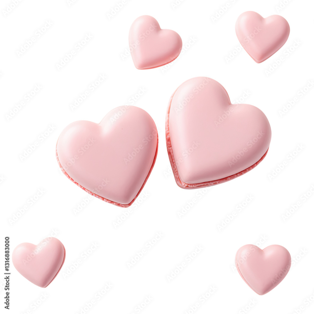Delicate Pink Heart-Shaped Macarons Floating in the Air Delicate Pink Heart-Shaped Macarons Floating in the Air