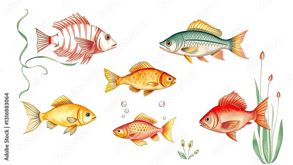 Fototapeta premium Colorful Fish Illustration Aquatic Life Goldfish Koi Tropical Fish Marine Animals