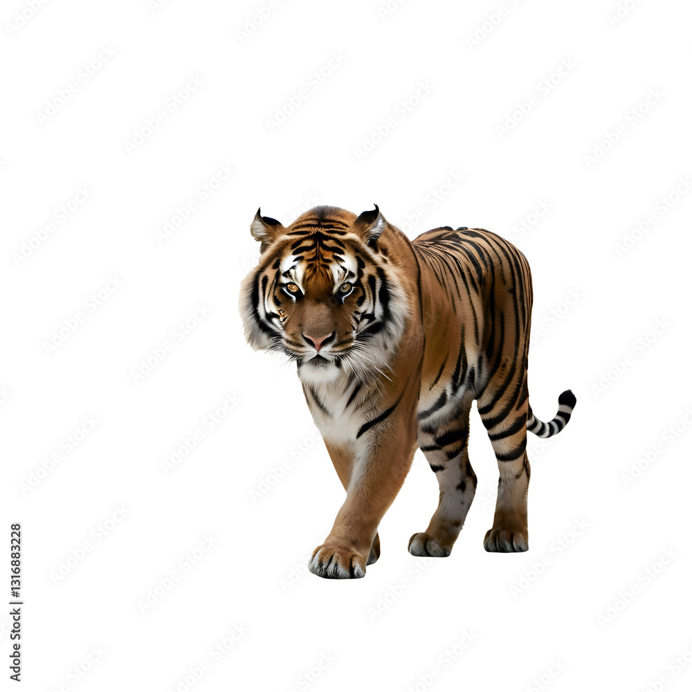 Obraz premium A fierce tiger walking forward, isolated on white or transparent background png