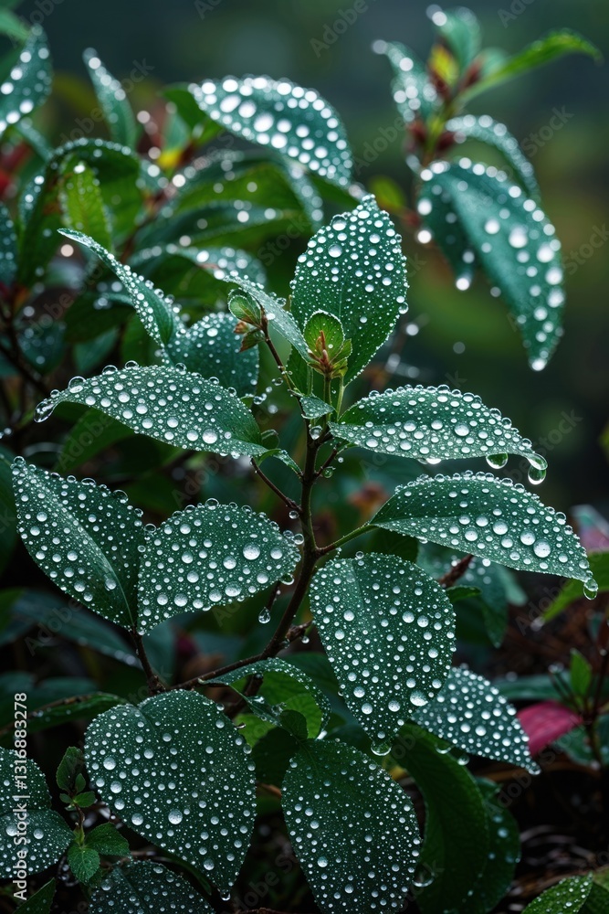 Close-up of green leaves adorned with water droplets, showcasing nature's beauty. Close-up of green leaves adorned with water droplets, showcasing nature's beauty.