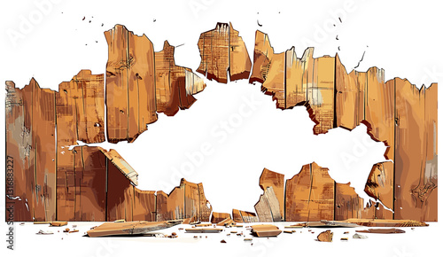 Hole breaking through wooden wall, vector illustration, cracked wood, destruction, damage, wooden texture, broken wall, interior damage, wall fracture, wood cracks