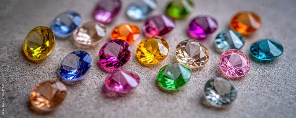 Dazzling Array of Faceted Gemstones Shimmering on Neutral Textured Surface Precious Stone Collection Dazzling Array of Faceted Gemstones Shimmering on Neutral Textured Surface Precious Stone Collection