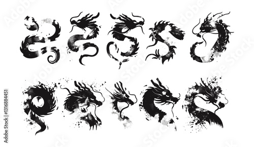 Chinese dragon vector, ink brushstroke set, Japanese watercolor, tribal tattoo, oriental calligraphy kit, abstract snake silhouette, vintage zodiac, traditional painting collection.