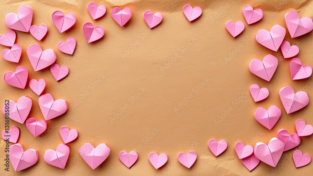 Fototapeta premium Pink Origami Hearts Frame on Peach Background Romantic Love Banner