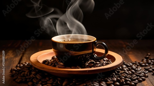 steaming coffee beans wood