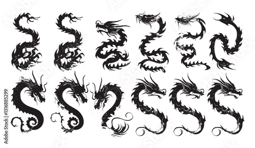 Ink dragon, Chinese dragon vector, Japanese watercolor, tribal tattoo, brushstroke set, oriental calligraphy kit, abstract snake silhouette, vintage zodiac, traditional painting