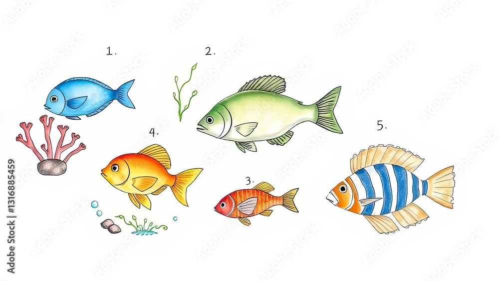 Naklejka premium Colorful Fish Illustration Marine Life Ocean Animals Underwater Scene Aquatic Sea Creatures Kids
