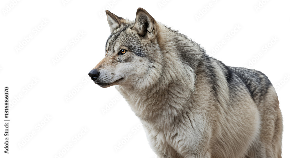 Fototapeta premium Standing Wolf Portrait with Intense Gaze and Fur Detail Against White
