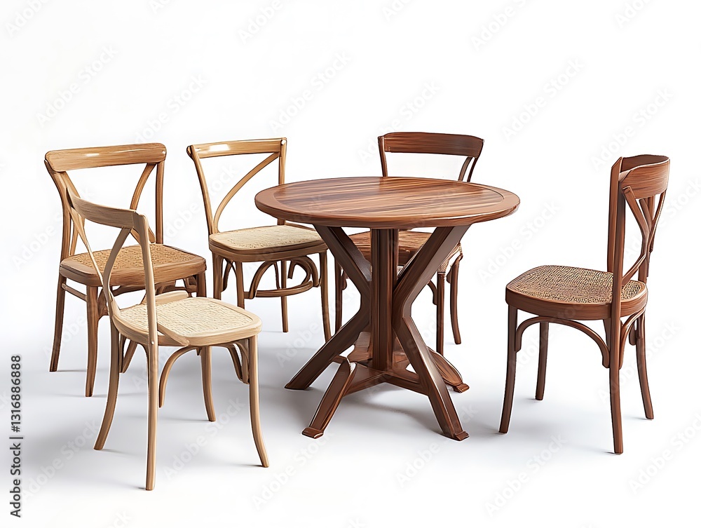 Fototapeta premium A set of dining tables and chairs in different styles, set against a white background. 3D rendering