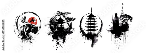 Asian symbol collection, samurai, pagoda circle, ink brush vector, traditional object, watercolor drips, ink design, oriental tiger, calligraphy paintbrush, dye splatter
