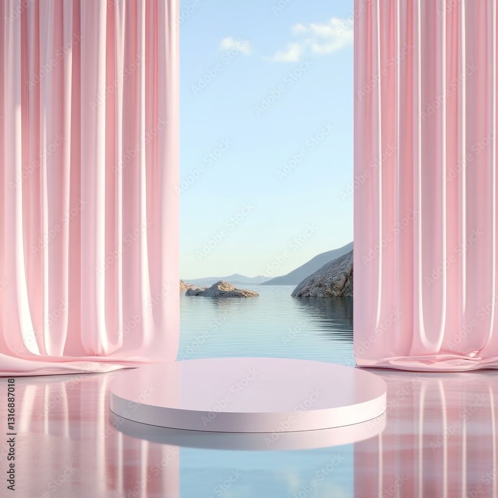 Fototapeta premium Pastel pink podium with ocean view