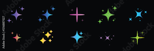 Sparkle star vector icons set. Star icons vector set. Shine or sparkle vector set of ten various stars in gradient color on black background.