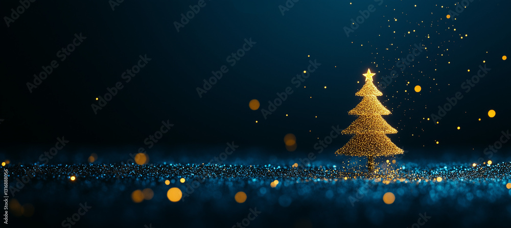 Fototapeta premium Minimalist glittery golden Christmas tree with bokeh lights on dark blue background 