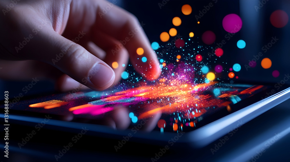 A finger interacts with a tablet screen creating a vibrant colorful light display Abstract data streams flow beneath A finger interacts with a tablet screen creating a vibrant colorful light display Abstract data streams flow beneath