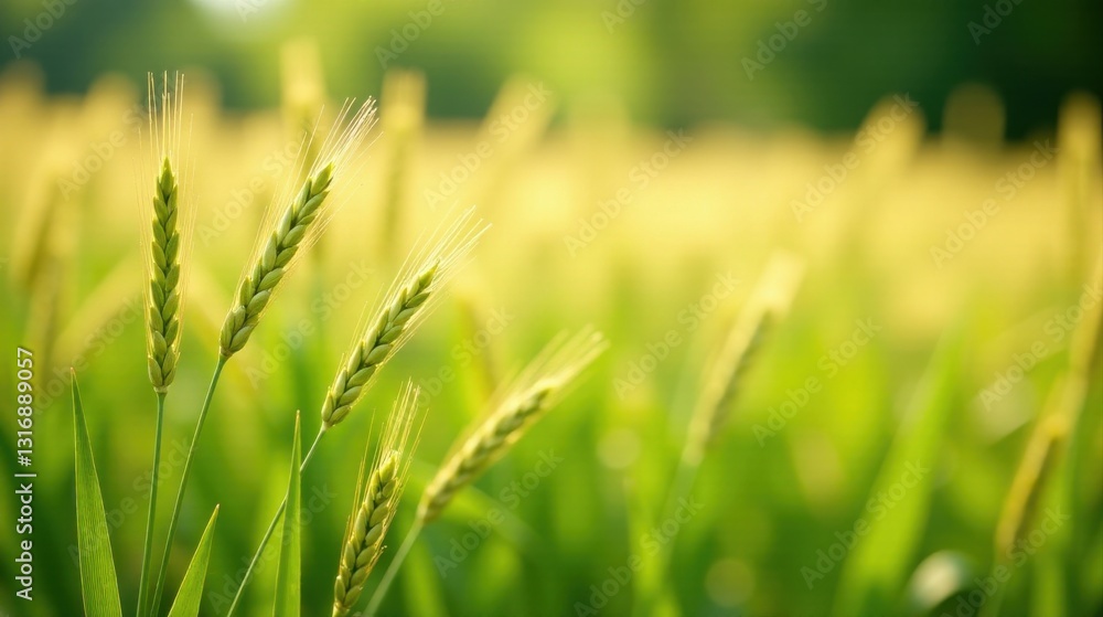 Serene Summer Wheat Field with Golden Hour Light, Lush Green Blades, and Immature Grain Stalks Serene Summer Wheat Field with Golden Hour Light, Lush Green Blades, and Immature Grain Stalks