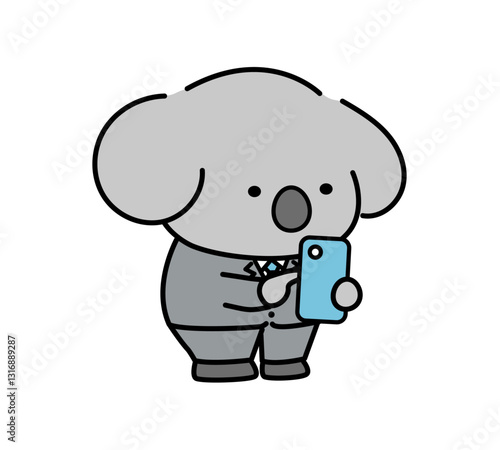 スマホを操作するスーツ姿の可愛いコアラのキャラクター