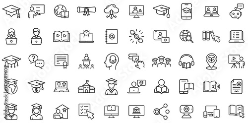 Online Education and E-Learning Line Icon Set – Distance Learning, Digital Courses, Virtual Classroom, Graduation, Online Certification, Webinar, Remote Study, School, Academic, Internet Training, Kno