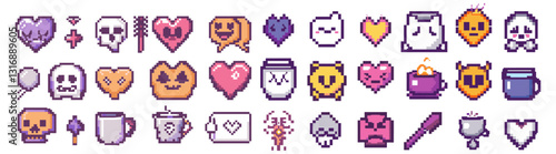 Vector Y2K pixel game icon set, retro smiling sticker kit, heart sign, coffee cup, speech bubble, cute face, skull, arrow, 8-bit sign, vintage 90s chat object, cute pixel icon