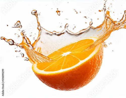 Cut-Out of a Delicious Orange Slice Splashing Fresh Juice with transparent background.