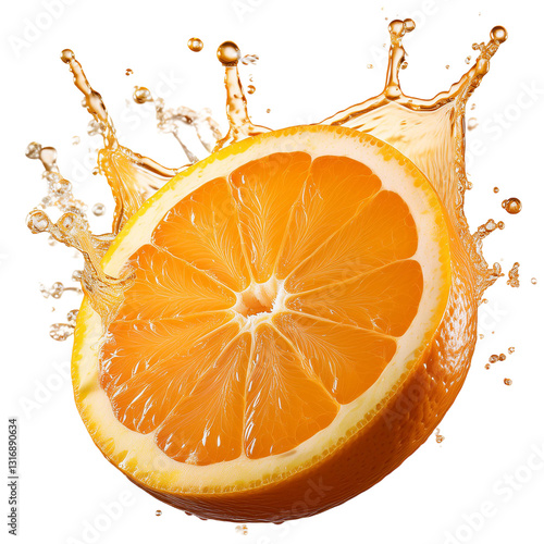 Cut-Out of a Delicious Orange Slice Splashing Fresh Juice with transparent background.
