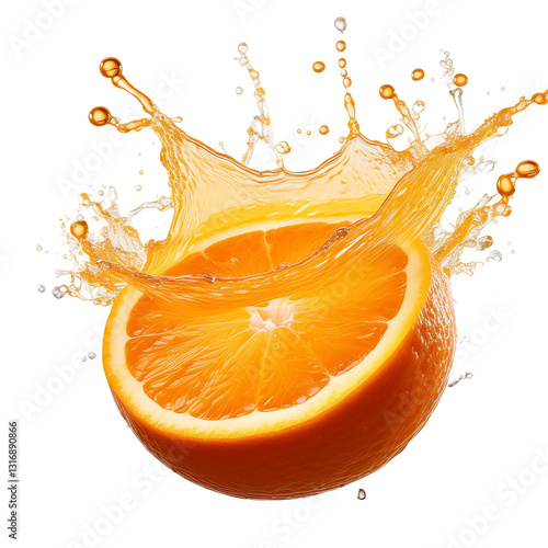 Cut-Out of a Delicious Orange Slice Splashing Fresh Juice with transparent background.